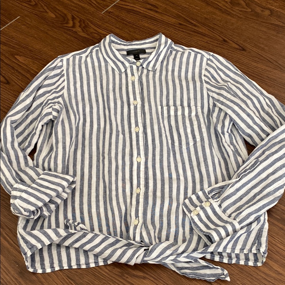 Size 10 Jcrew Striped Blue and White Linen Shirt